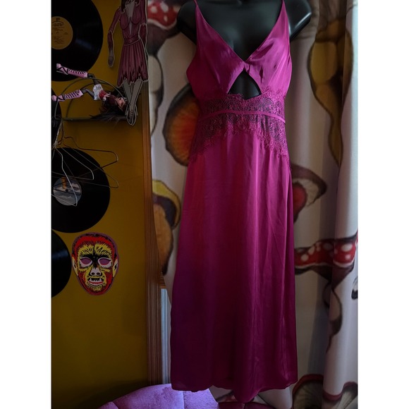 Fore Dresses & Skirts - FORE Magenta Satin Lace Cutout Midi Dress Pink V-Neck Open Back Evening Gown S